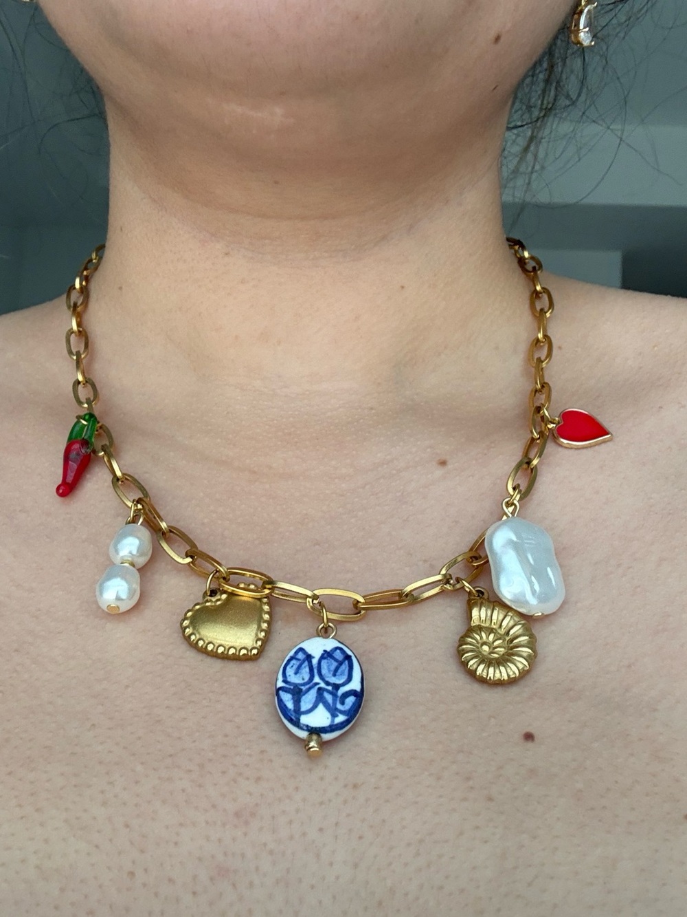 Gold Tone Stainless Steel Charm Necklace with Pearl & Heart Charms